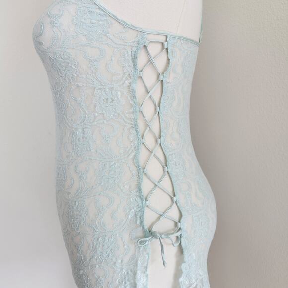 Vintage Y2K Cinema Etoile Blue Lace Slip Dress Stretch Bodycon Lace Up Side M - Picture 4 of 9